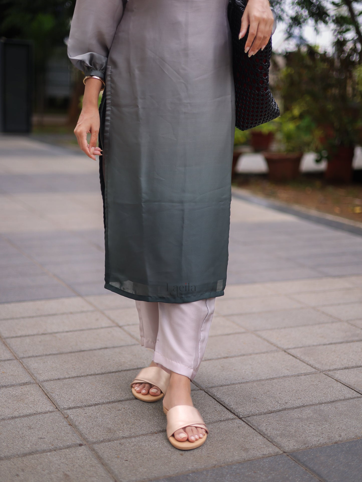 Studio Beige With Green Dual Tone Satin Crepe Co-Ord Set