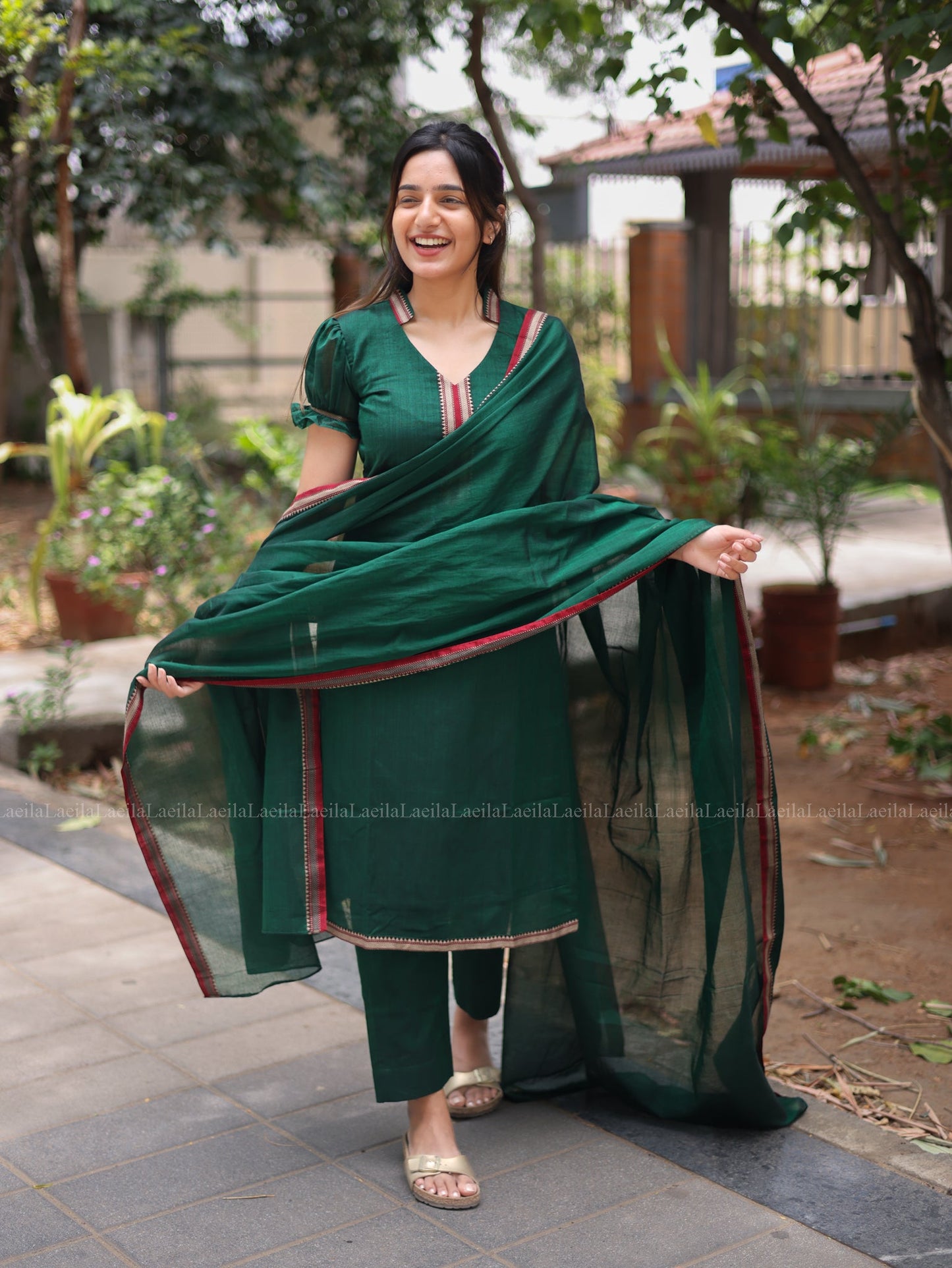 Studio Dark Green Malar Narayanpet Salwar Set With Puff Sleeve