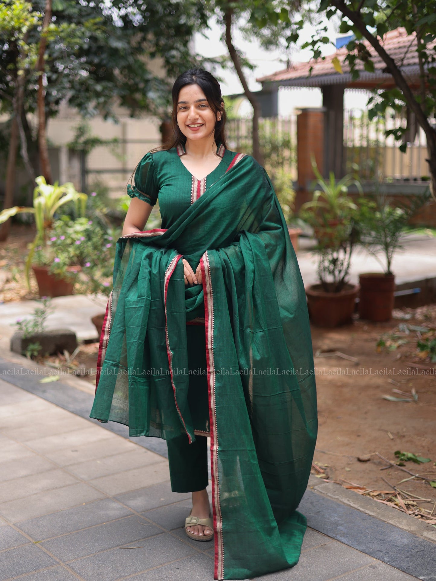 Studio Dark Green Malar Narayanpet Salwar Set With Puff Sleeve