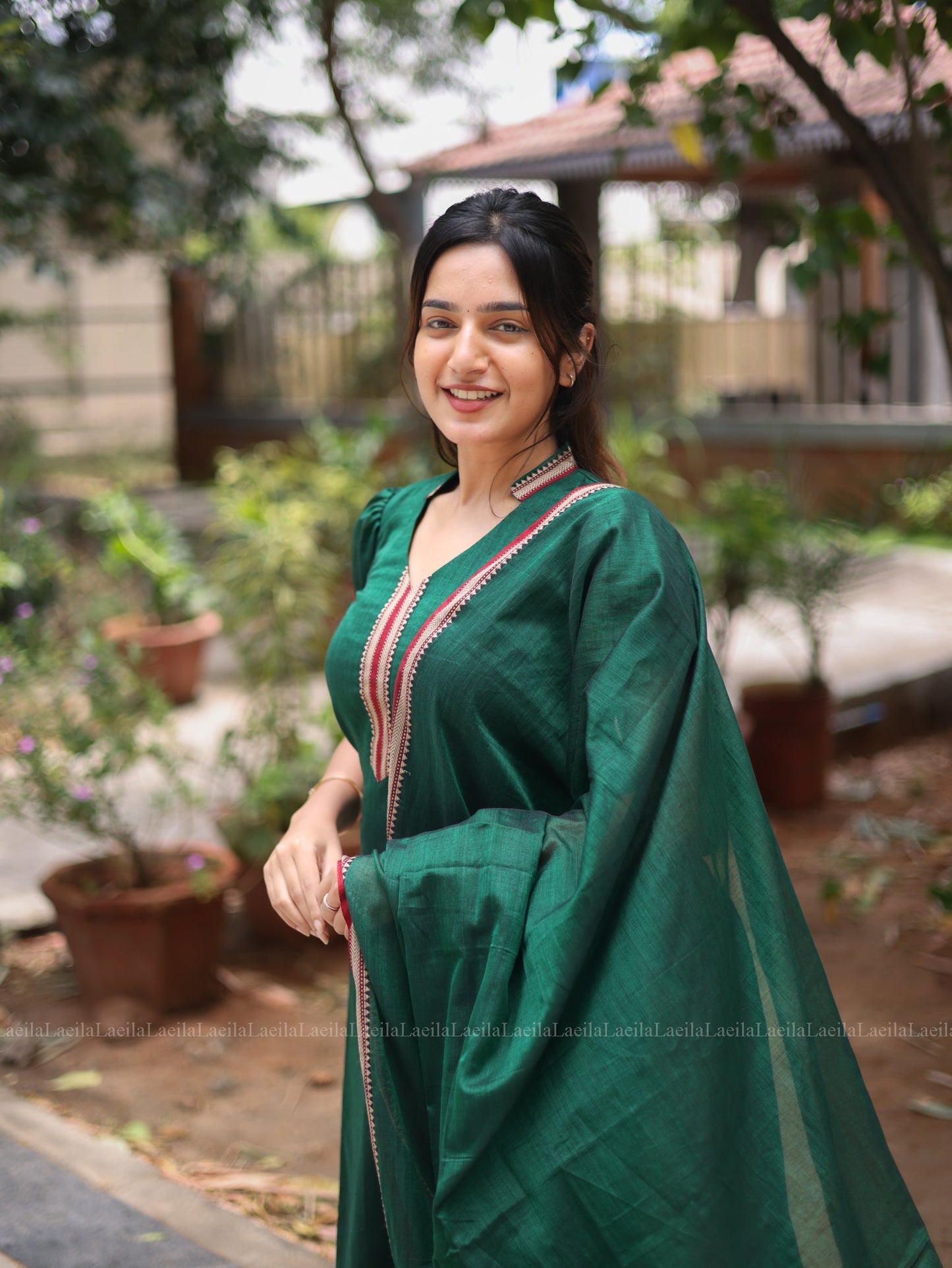 Studio Dark Green Malar Narayanpet Salwar Set With Puff Sleeve
