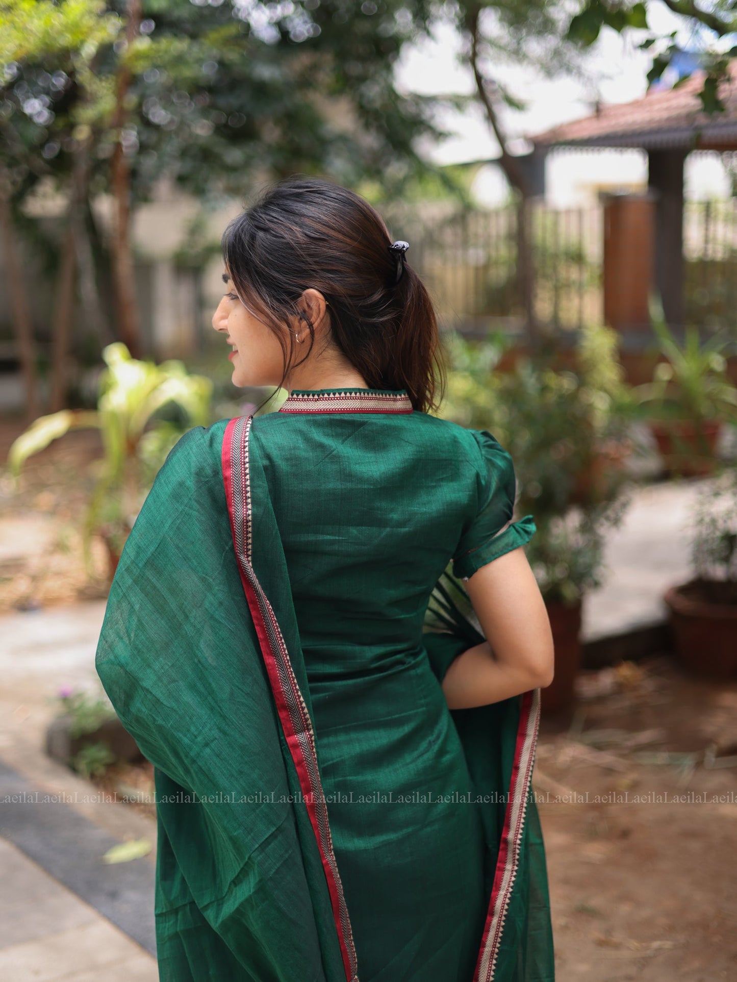 Studio Dark Green Malar Narayanpet Salwar Set With Puff Sleeve