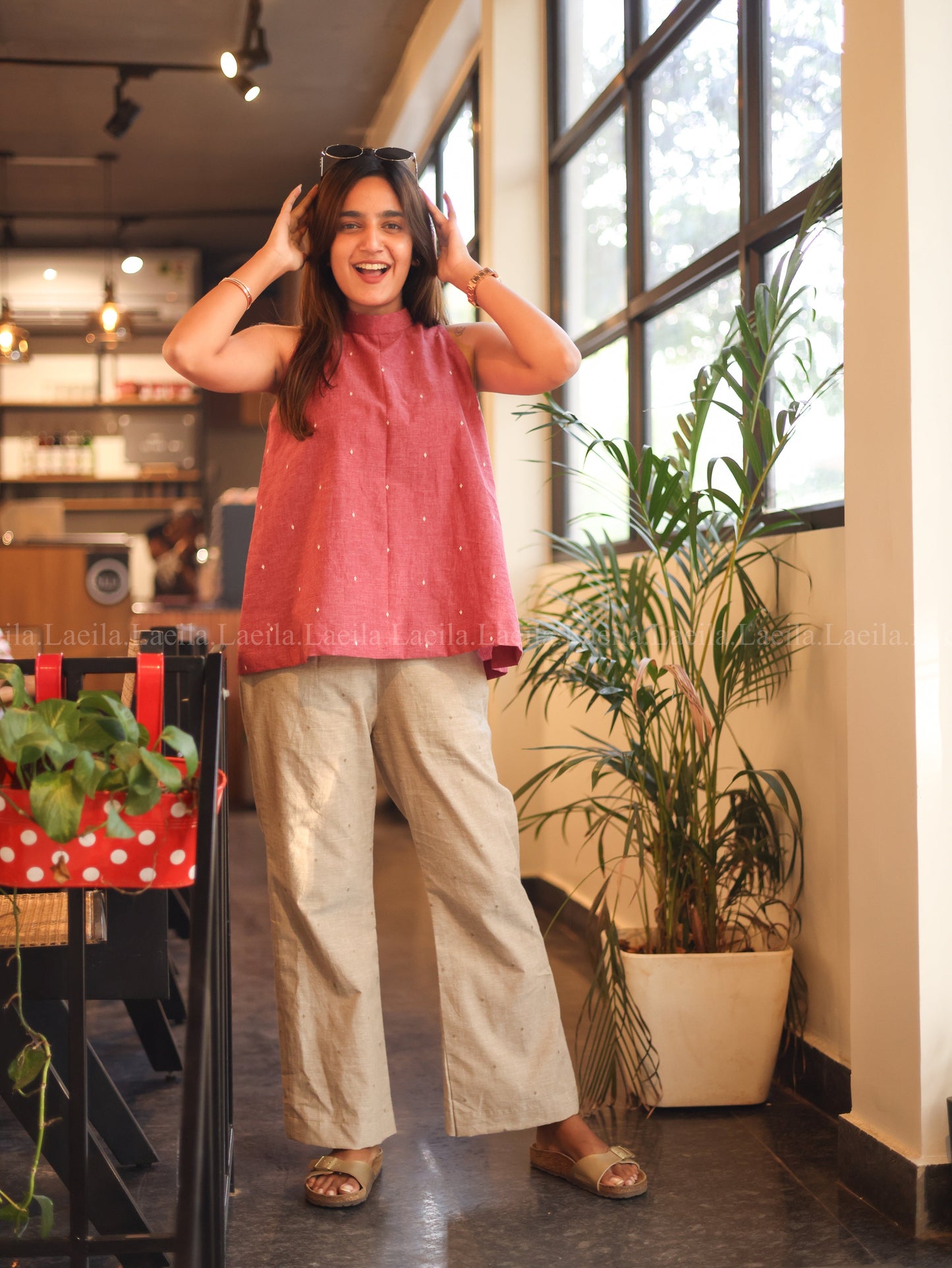 Studio Foxy Pink Hayati Top & Beige Pant Set