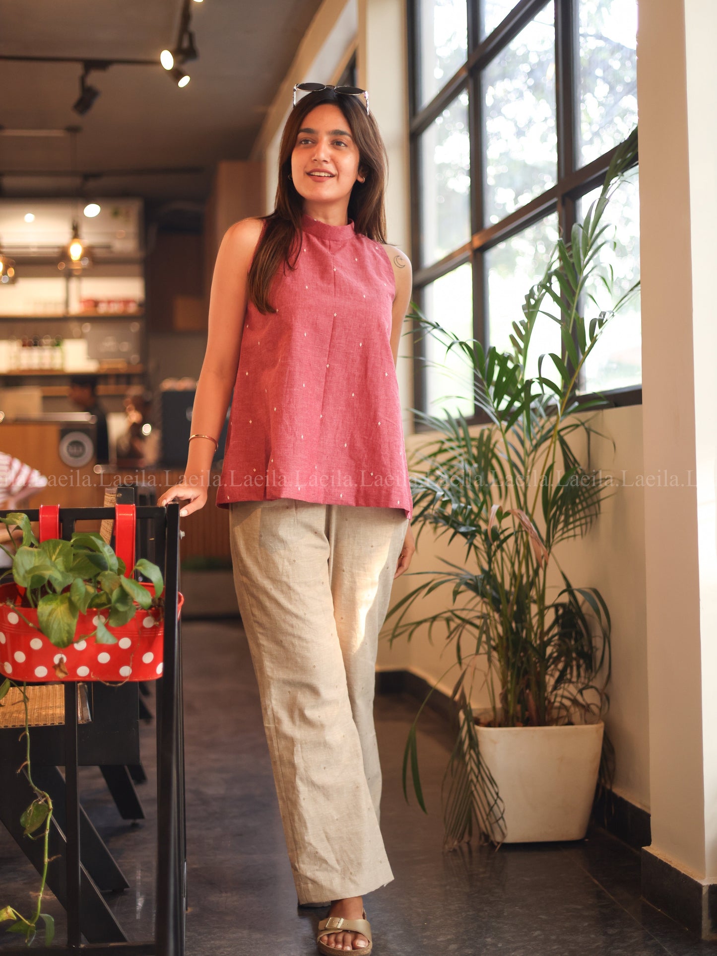 Studio Foxy Pink Hayati Top & Beige Pant Set
