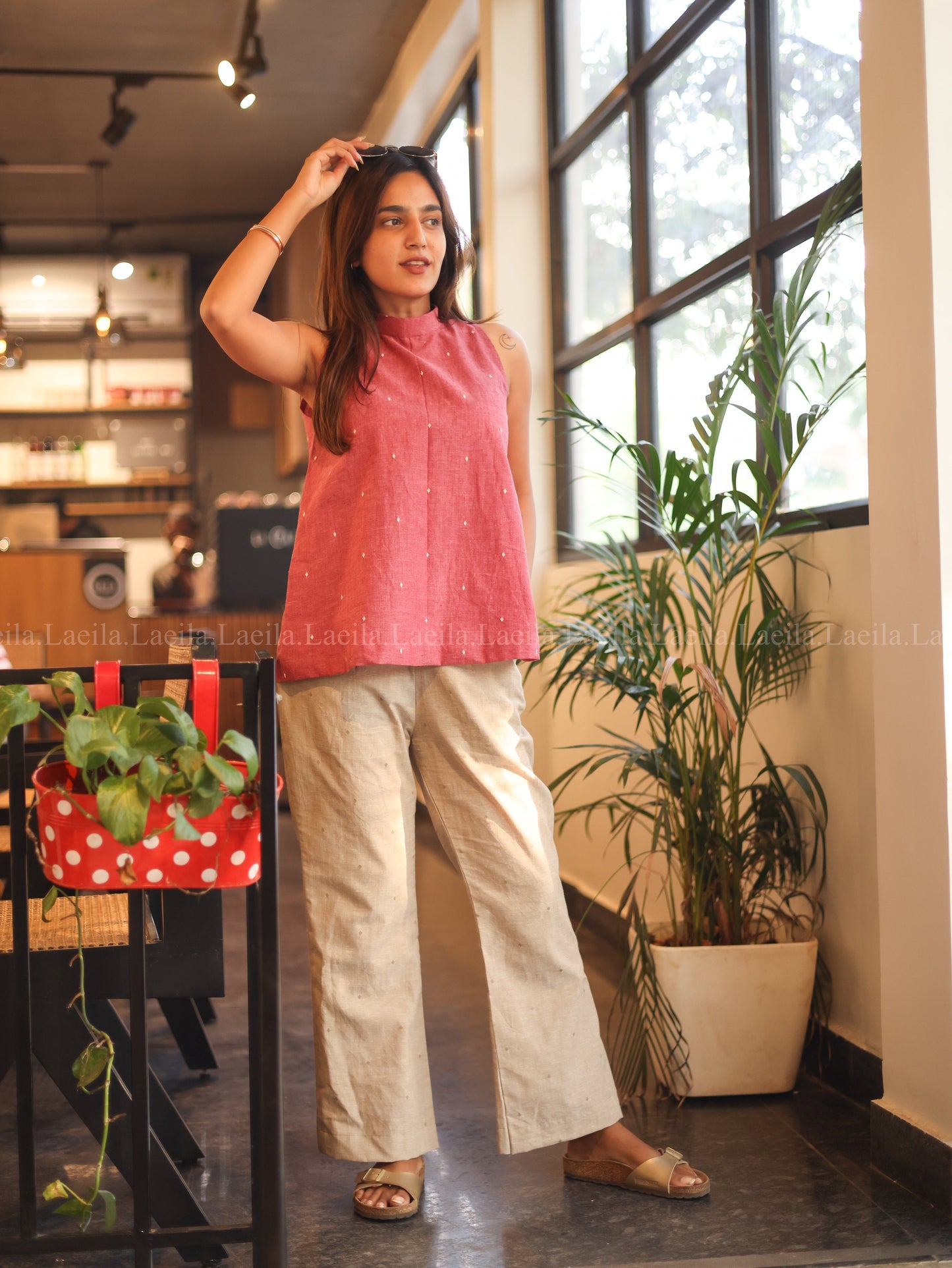 Studio Foxy Pink Hayati Top & Beige Pant Set