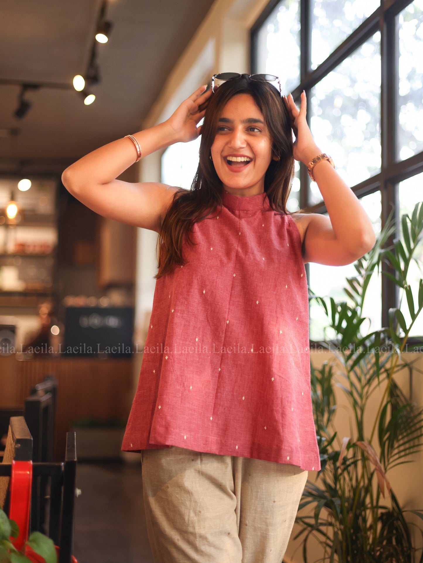 Studio Foxy Pink Hayati Top & Beige Pant Set