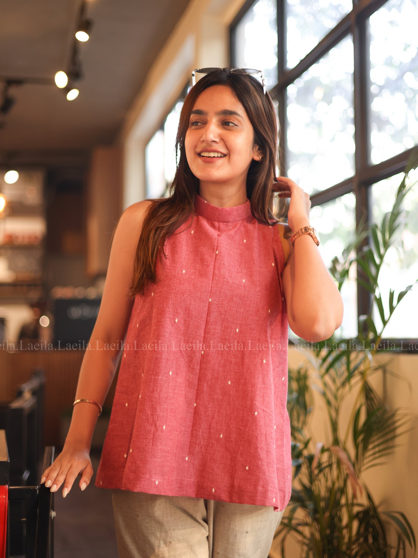 Studio Foxy Pink Hayati Top & Beige Pant Set