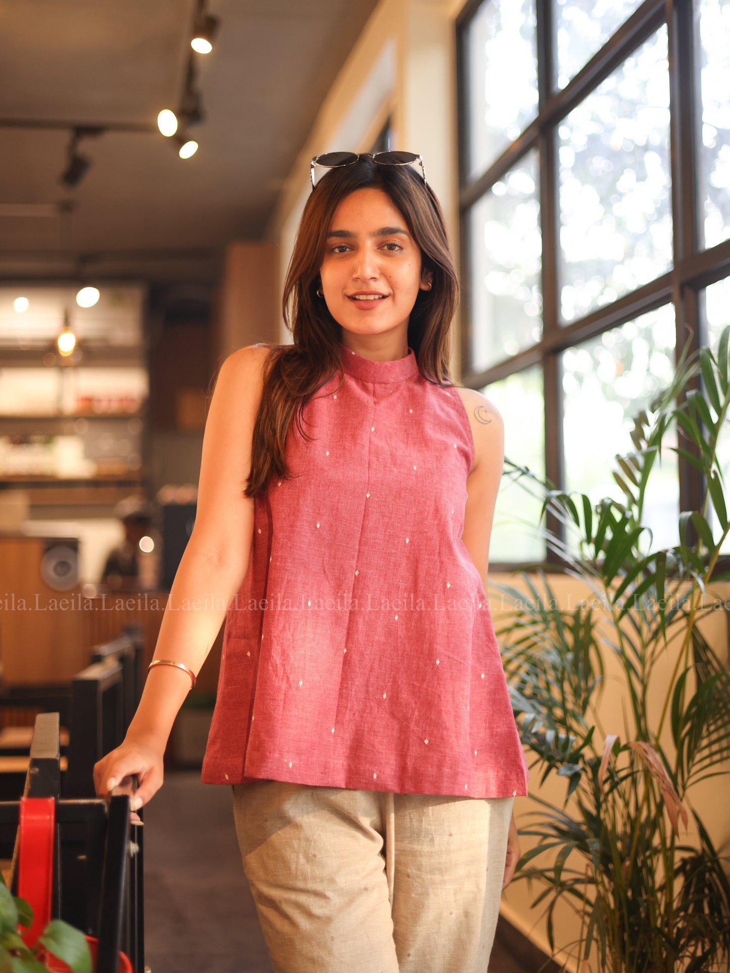Studio Foxy Pink Hayati Top & Beige Pant Set