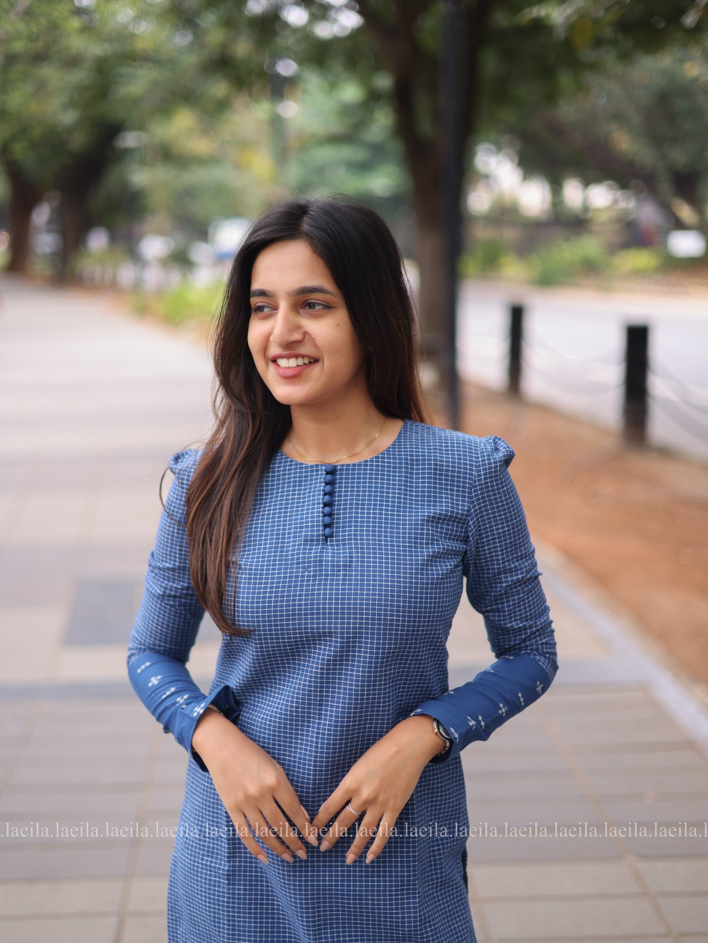 Studio Blue Checked Full Sleeve Top