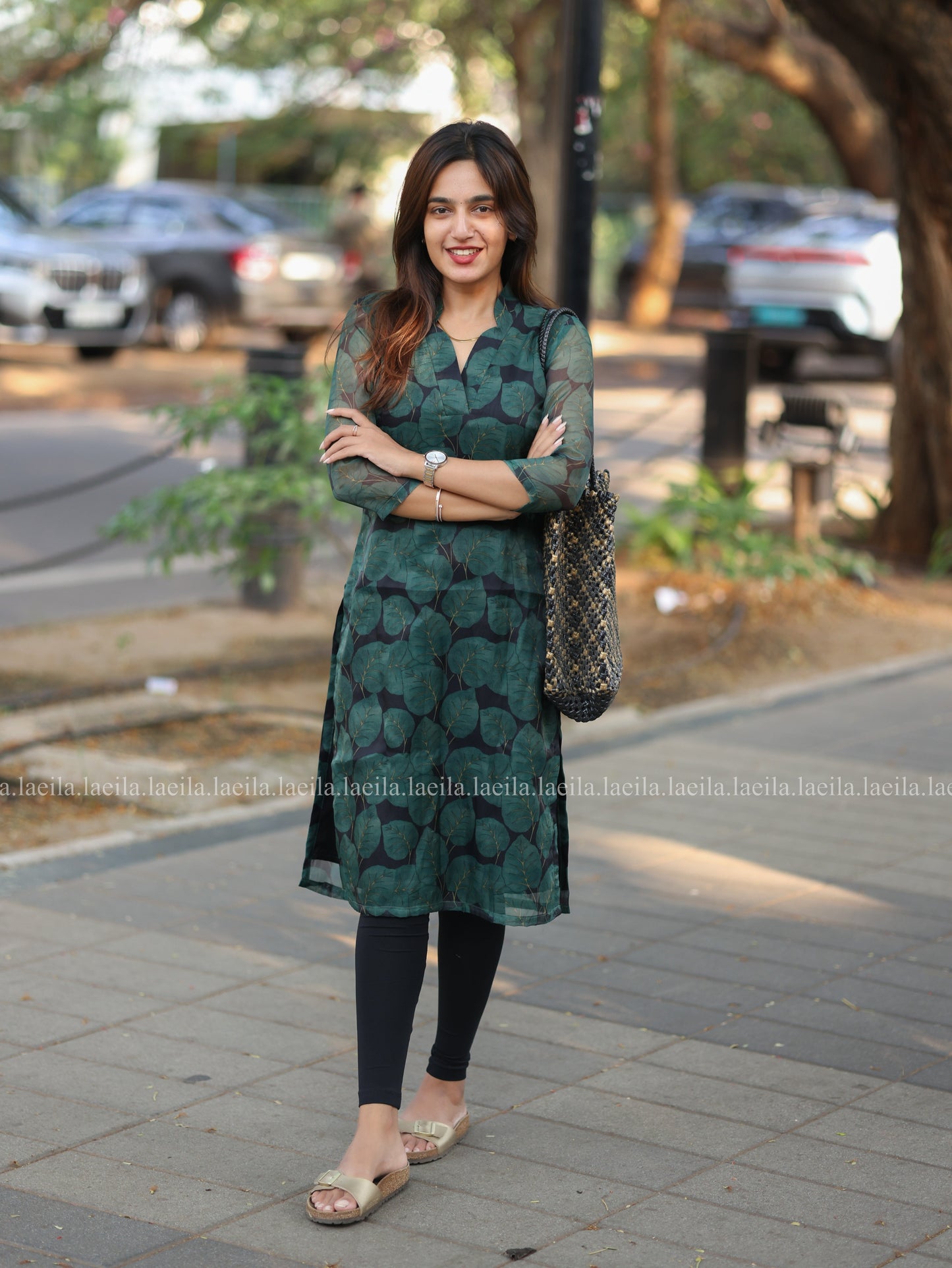 Studio Dark Green Leaf Organza Top