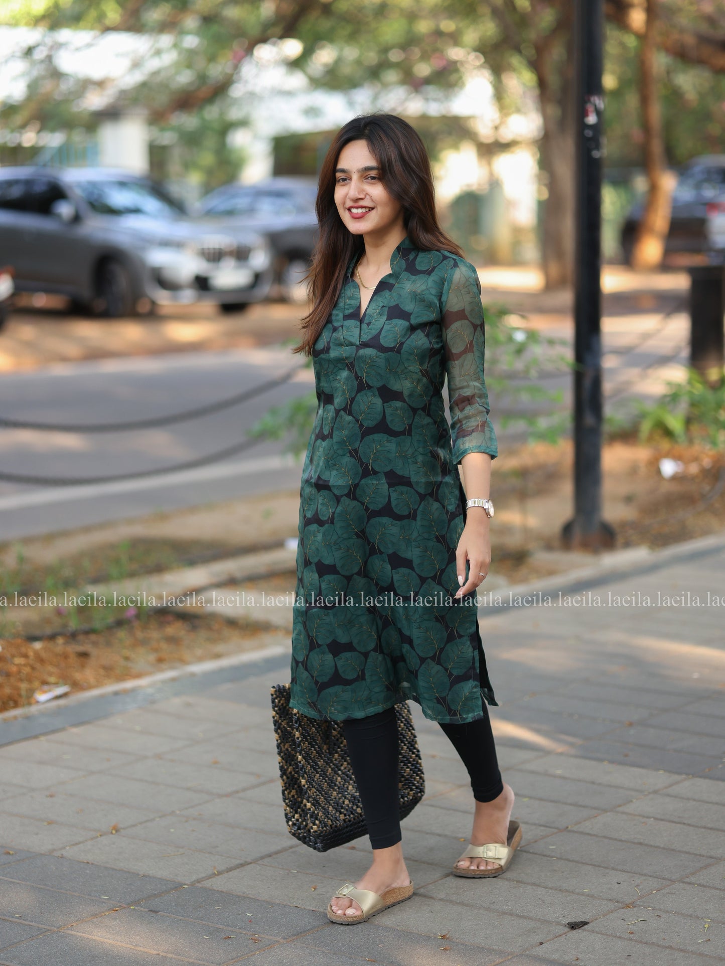 Studio Dark Green Leaf Organza Top