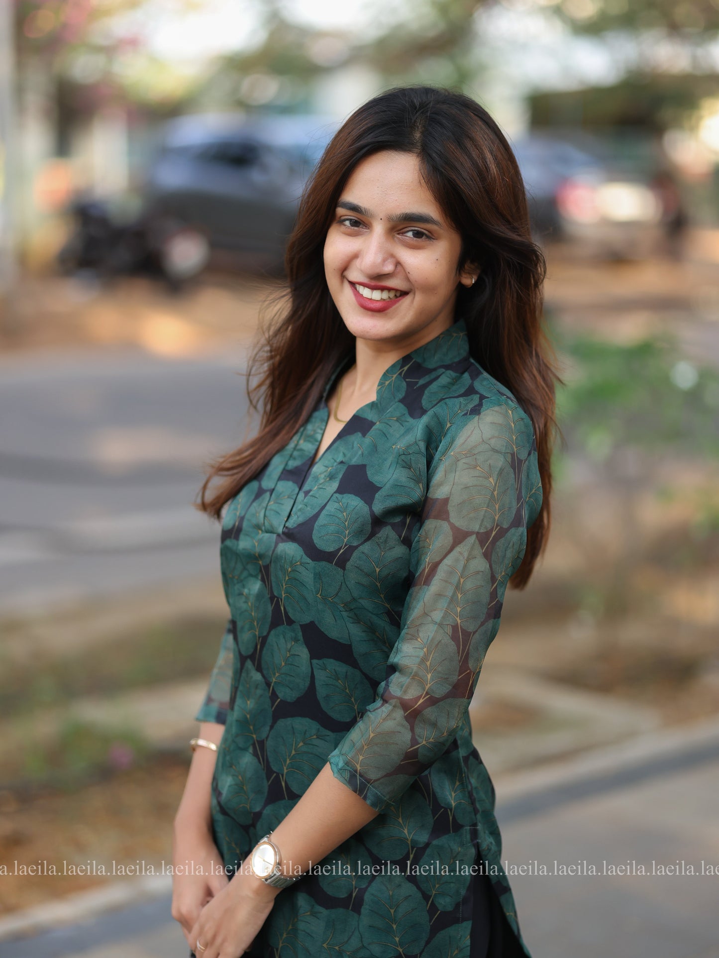 Studio Dark Green Leaf Organza Top
