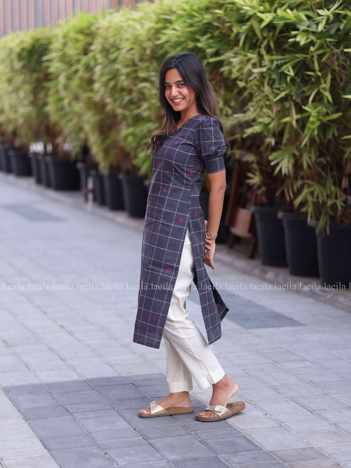 Studio Dark grey top & half white pant set