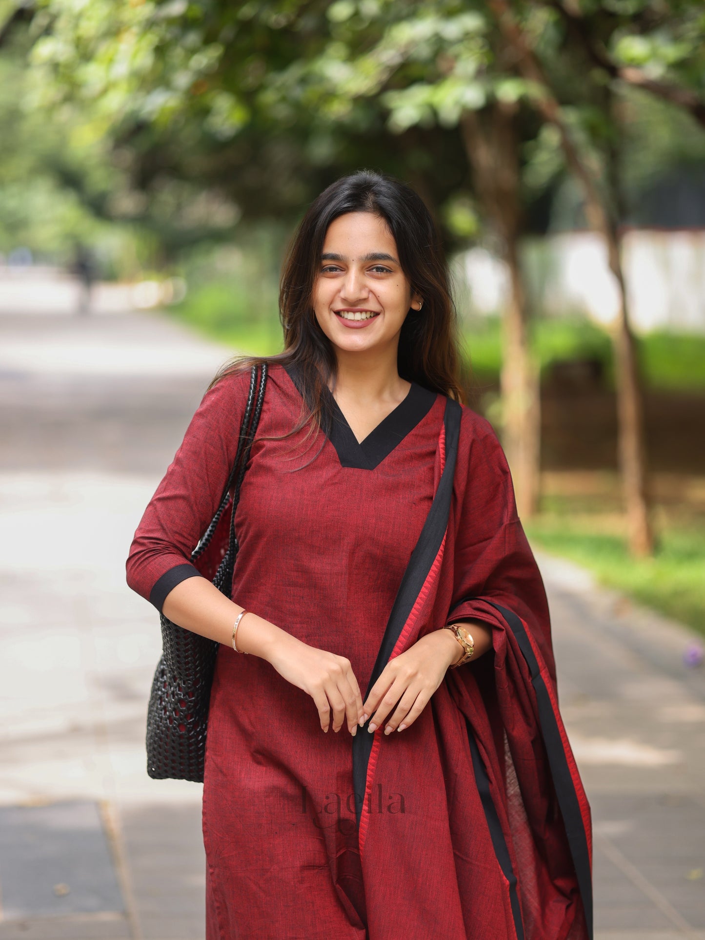 Studio Maroon and black Cotton Kadhambari Set