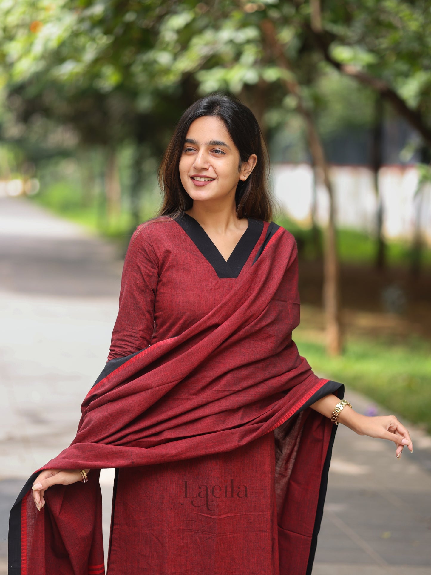 Studio Maroon and black Cotton Kadhambari Set