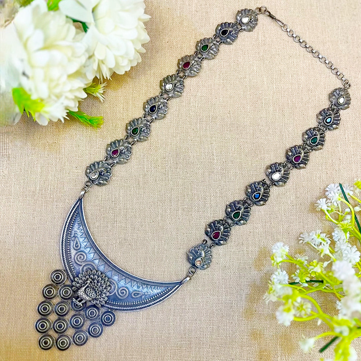 long silver-look alike oxidised necklace with peacock