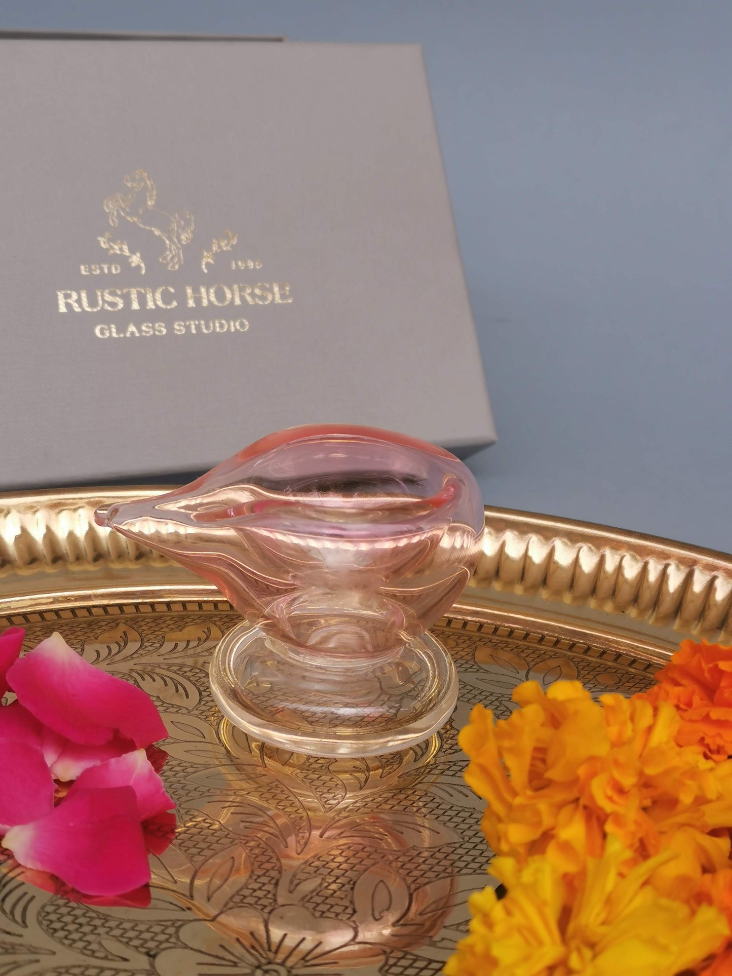 Art Glass Puja Diya- Gulab ki Kali (set of 2 Festive Pack)