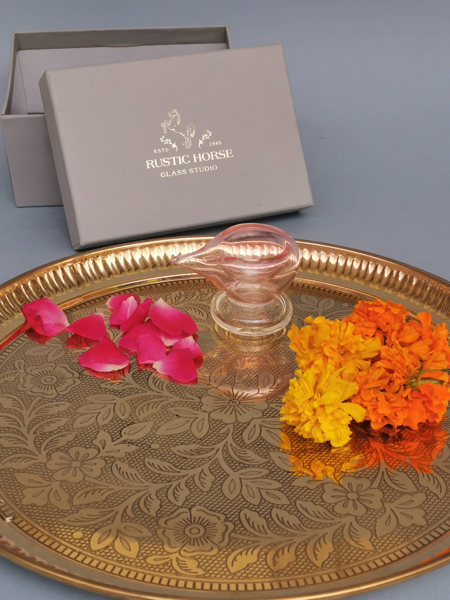 Art Glass Puja Diya- Gulab ki Kali (set of 2 Festive Pack)