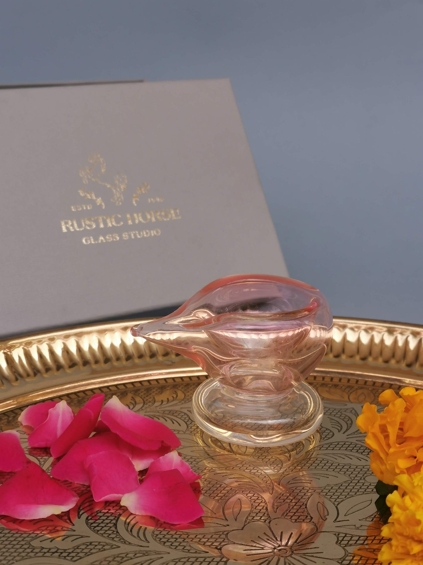 Art Glass Puja Diya- Gulab ki Kali (set of 2 Festive Pack)