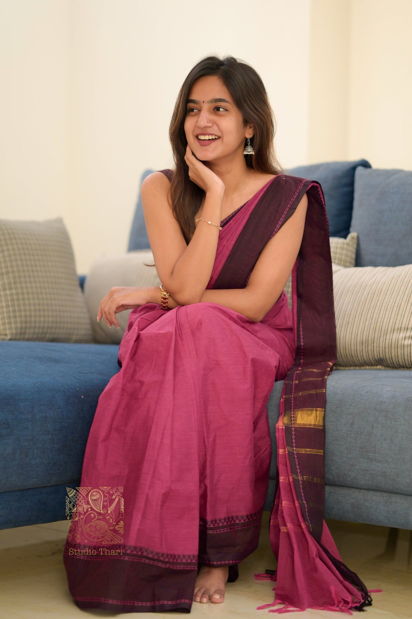 Dark Pink & Brown Parvati� Bold and Beautiful Chettinad Cotton Saree