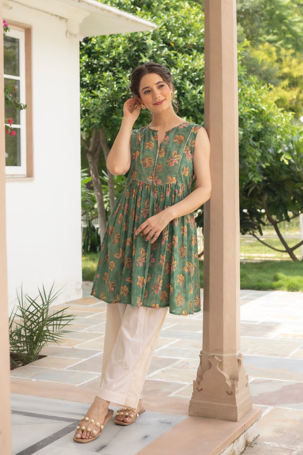 ANU FARAH GREEN COTTON KURTA