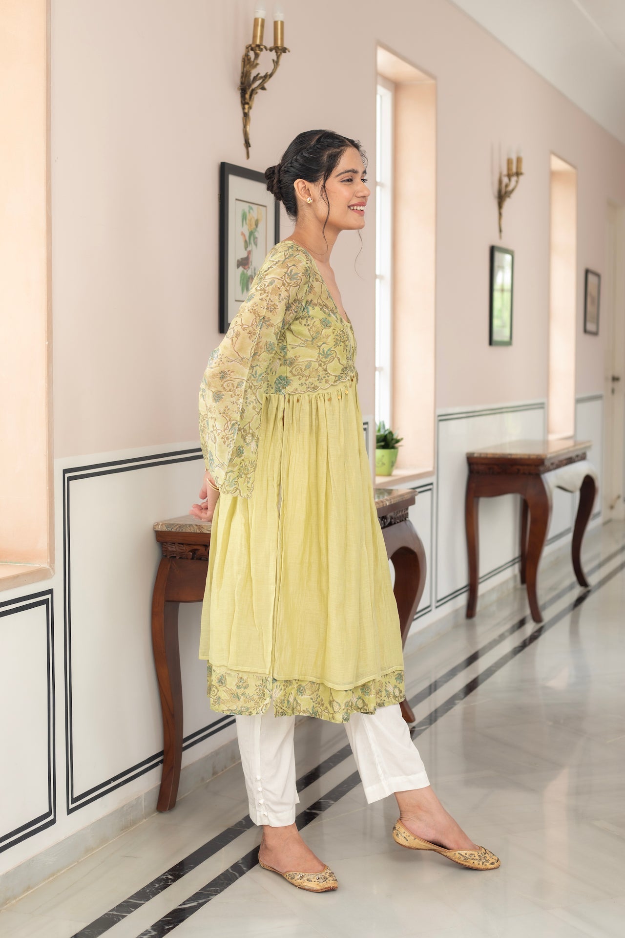 ANU AIRA LIME GREEN CHANDHERI KURTA SET
