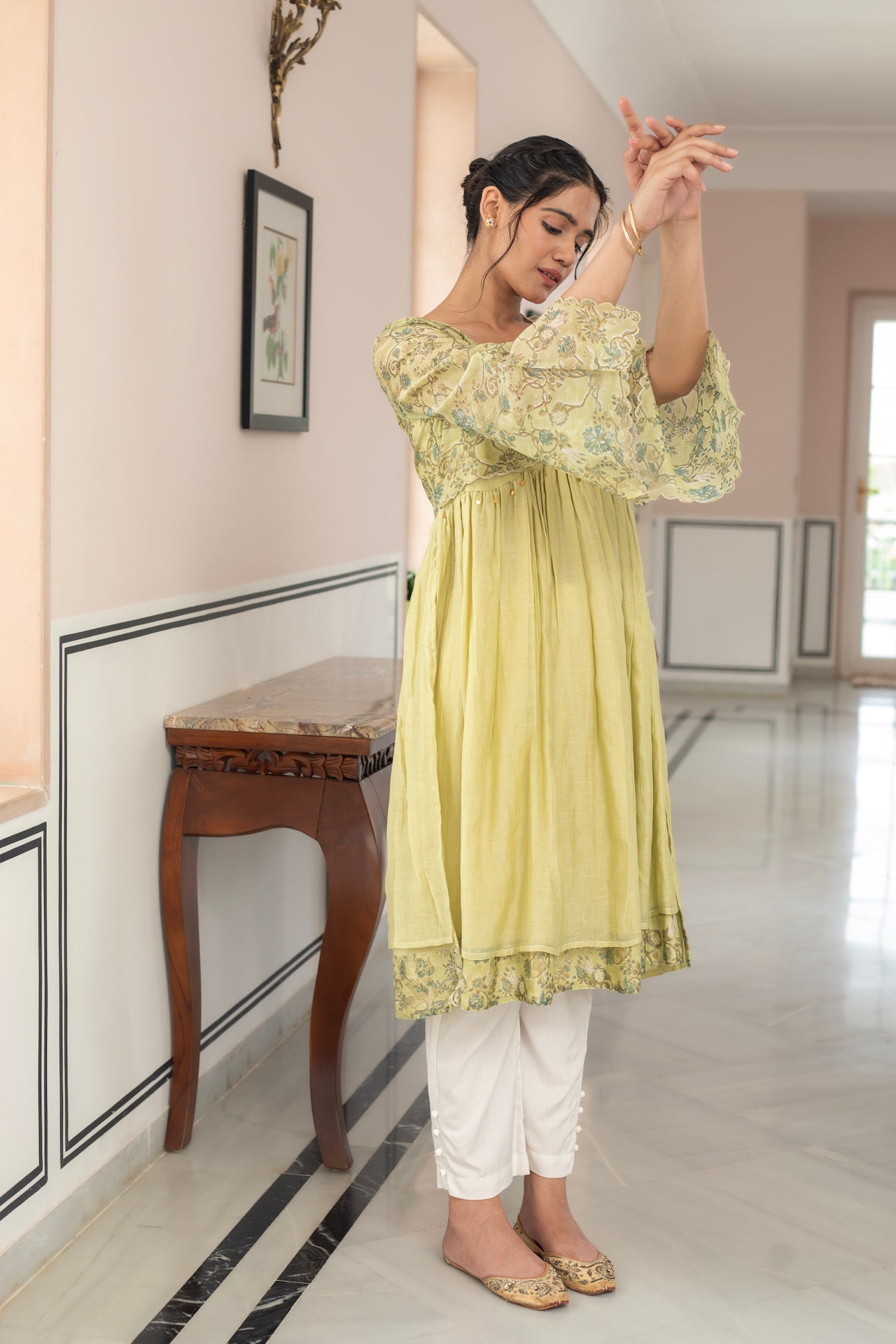 ANU AIRA LIME GREEN CHANDHERI KURTA SET