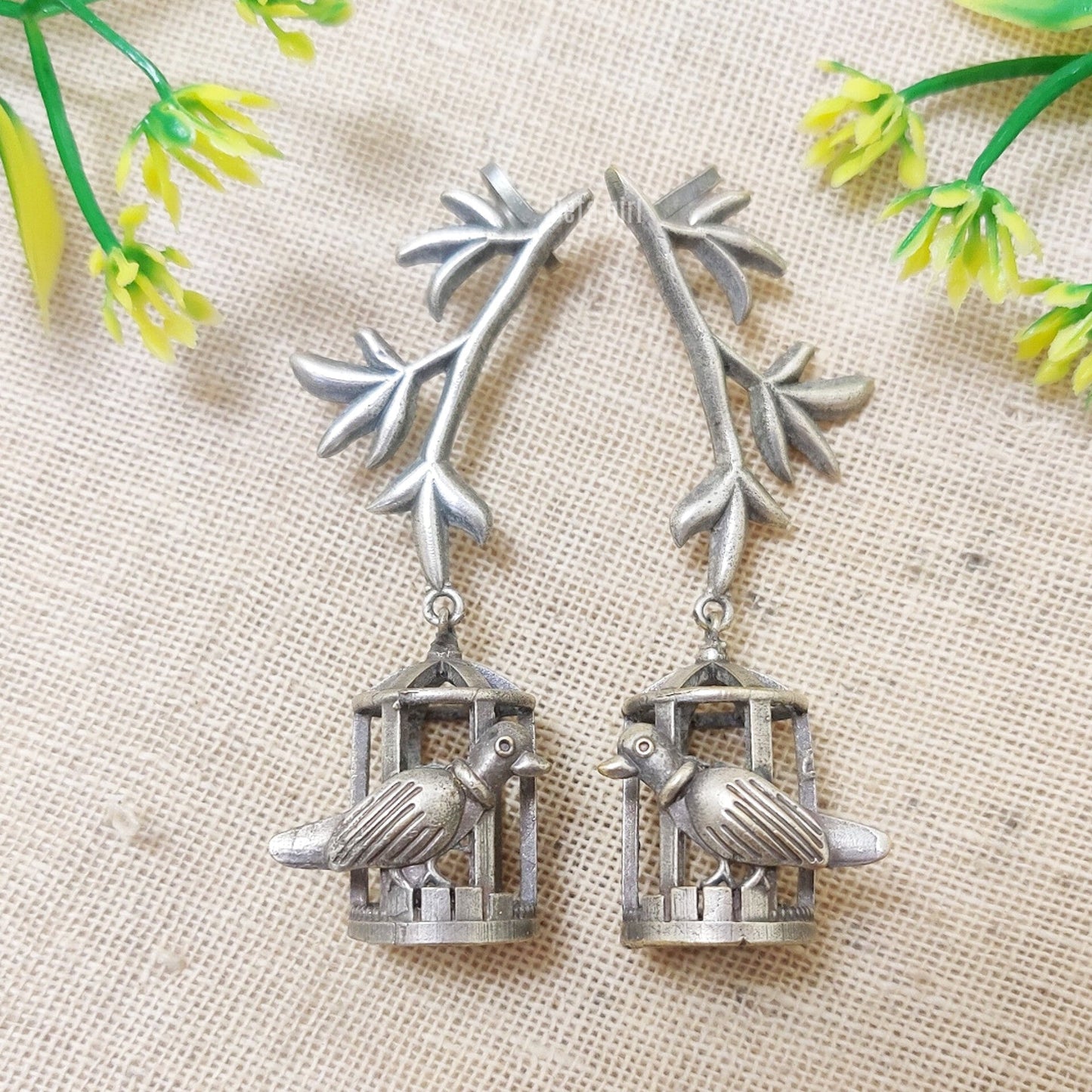 Parrot Inside The Cage Silver Look Alike Oxidised Earcuff