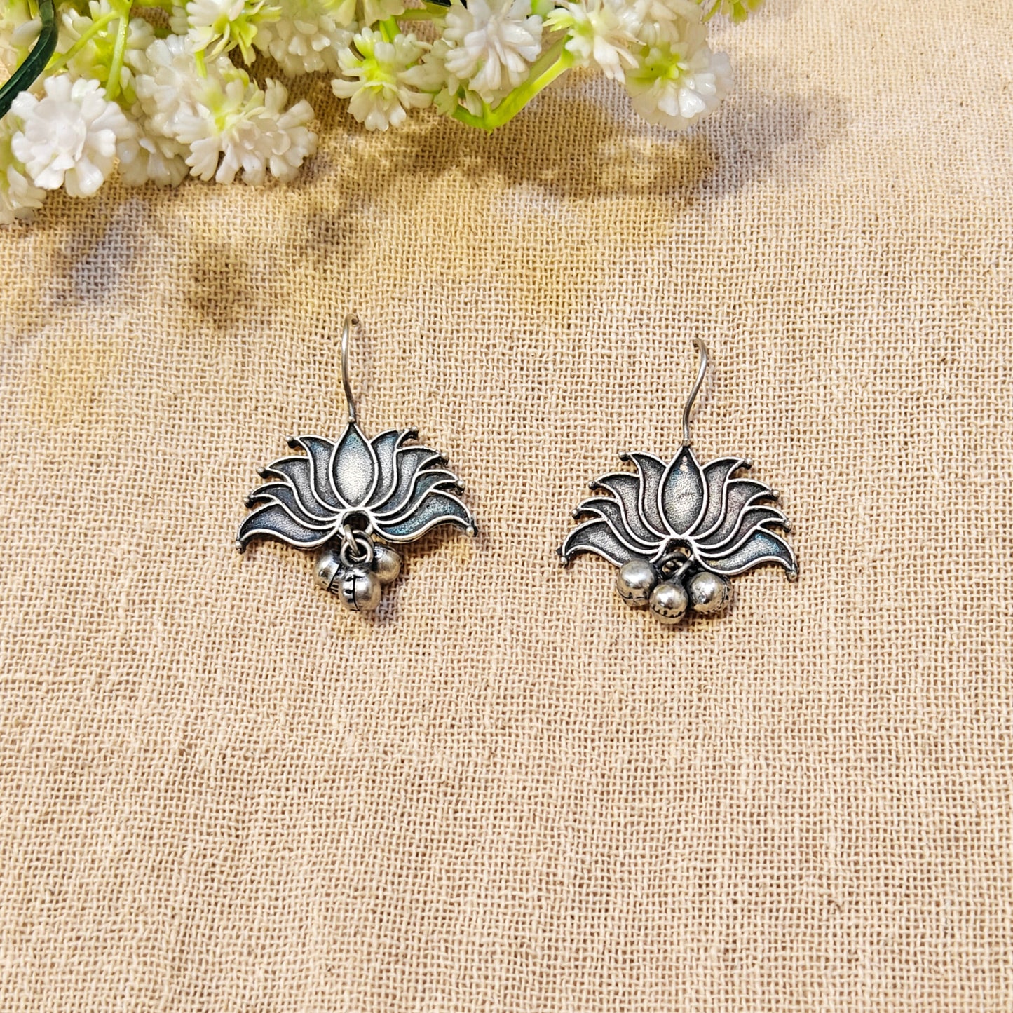 silver lotus flower earrings