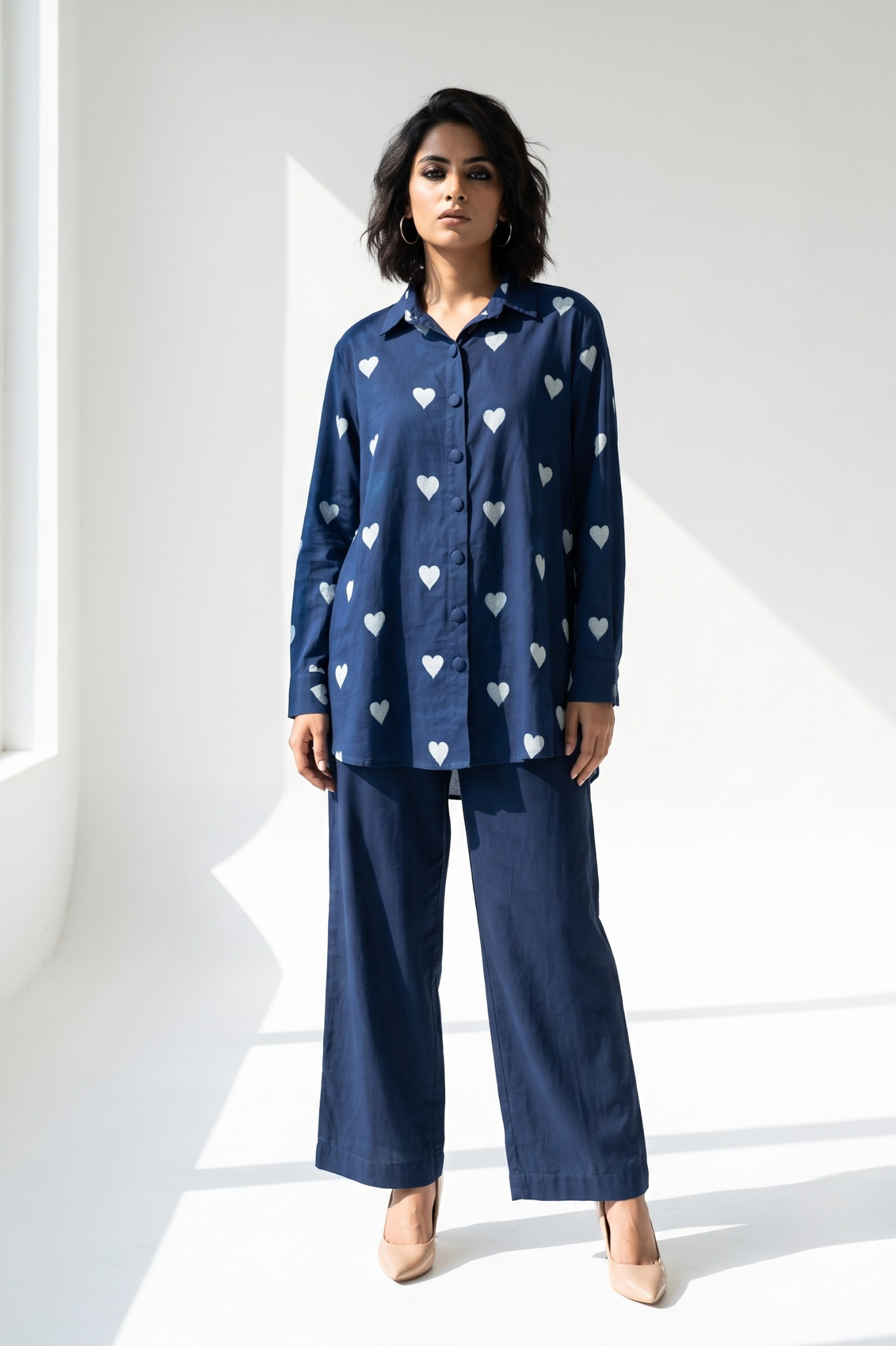 Indigo Heartscape Cotton Oversized Longline Casual Shirt