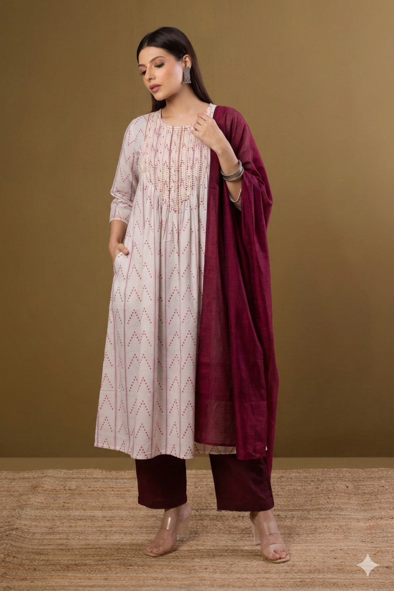 Ivory Zigzag Bloom Cotton Kurta With Pintuck Mc