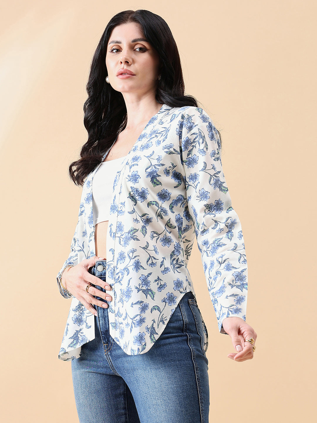 PowerSutra Front Open Cambric Printed Jacket- white and blue