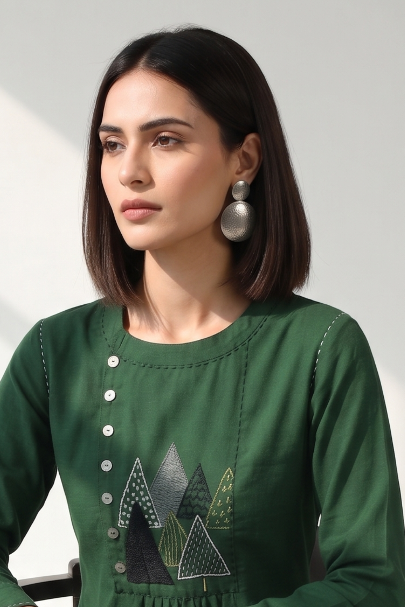 Jungle Jade Cotton Zen Yoke Gather Kurta Top