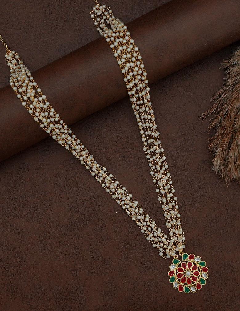 18K Gold-Tone Multi-Strand Pearl Beaded Necklace with Multicolor Stone Pendant