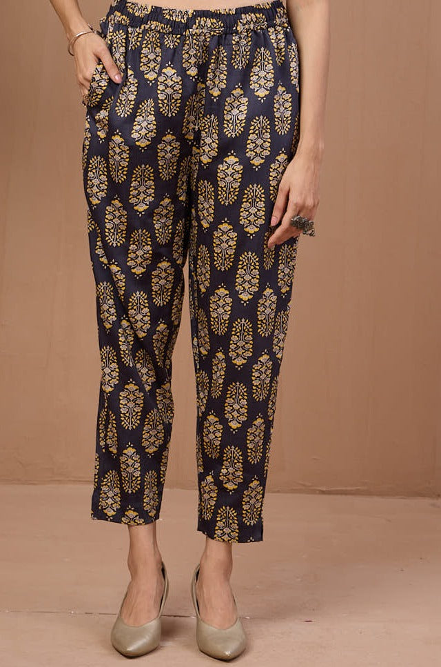 Maati Craft comfort fit ankle length narrow pants - grey blue yellow buttas