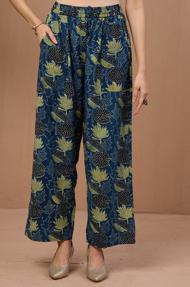 Maati Craft comfort fit ankle length narrow pants - indigo henna lotus