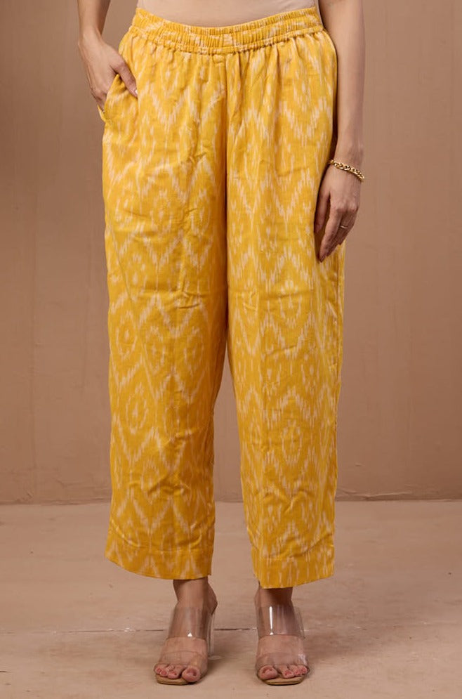 Maati Craft comfort fit ankle length narrow pants - yellow ikat cotton printed pants