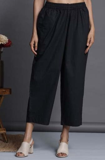 Maati Craft Comfort Fit Ankle Length Narrow Pants - Black Poplin Cotton