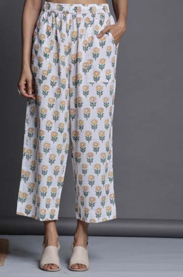 Maati Craft comfort fit cotton printed pants - white yellow sunflower buttis