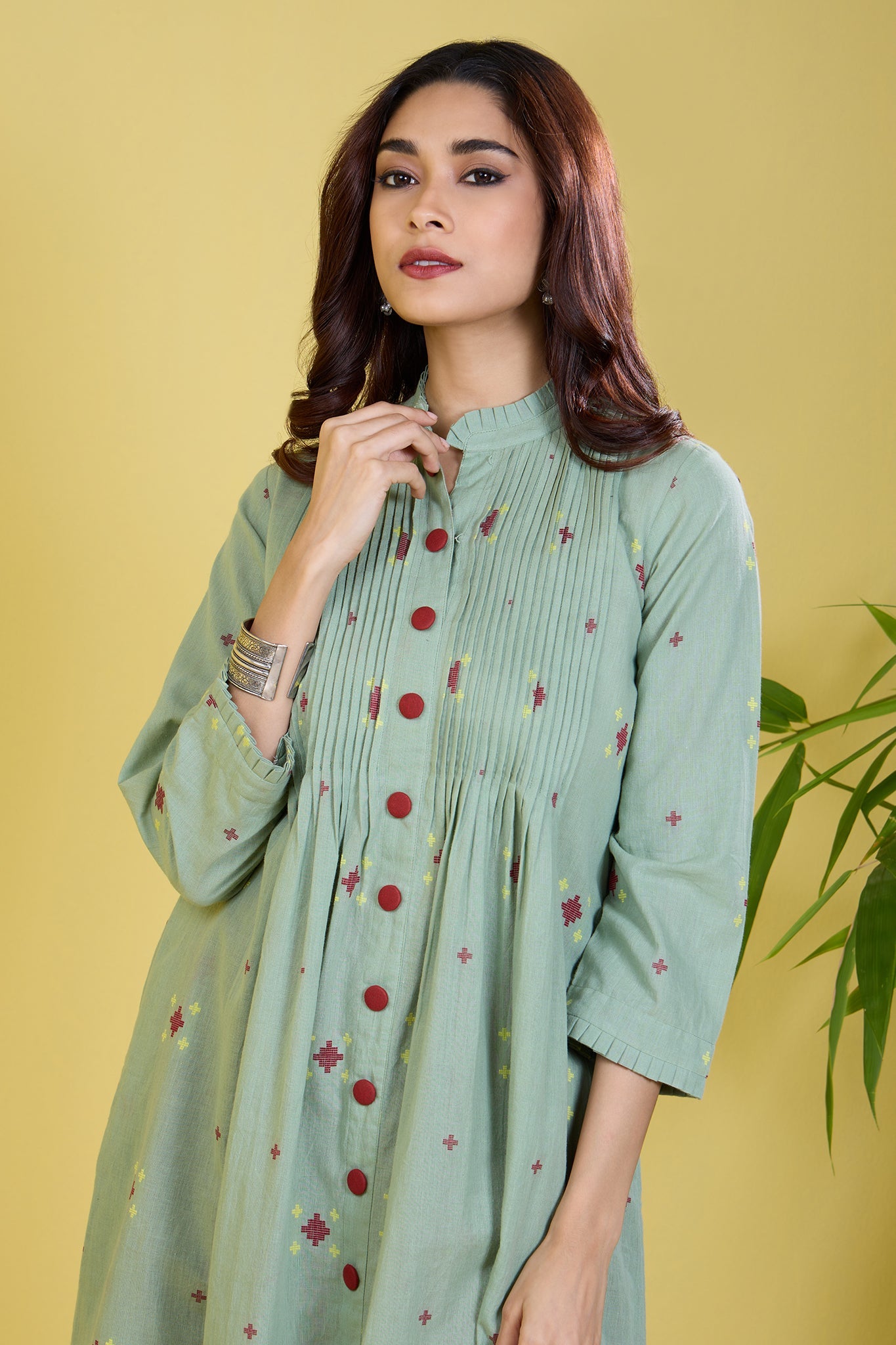 Pleated Neck Pintuck Dress Soft Sageberry Mc