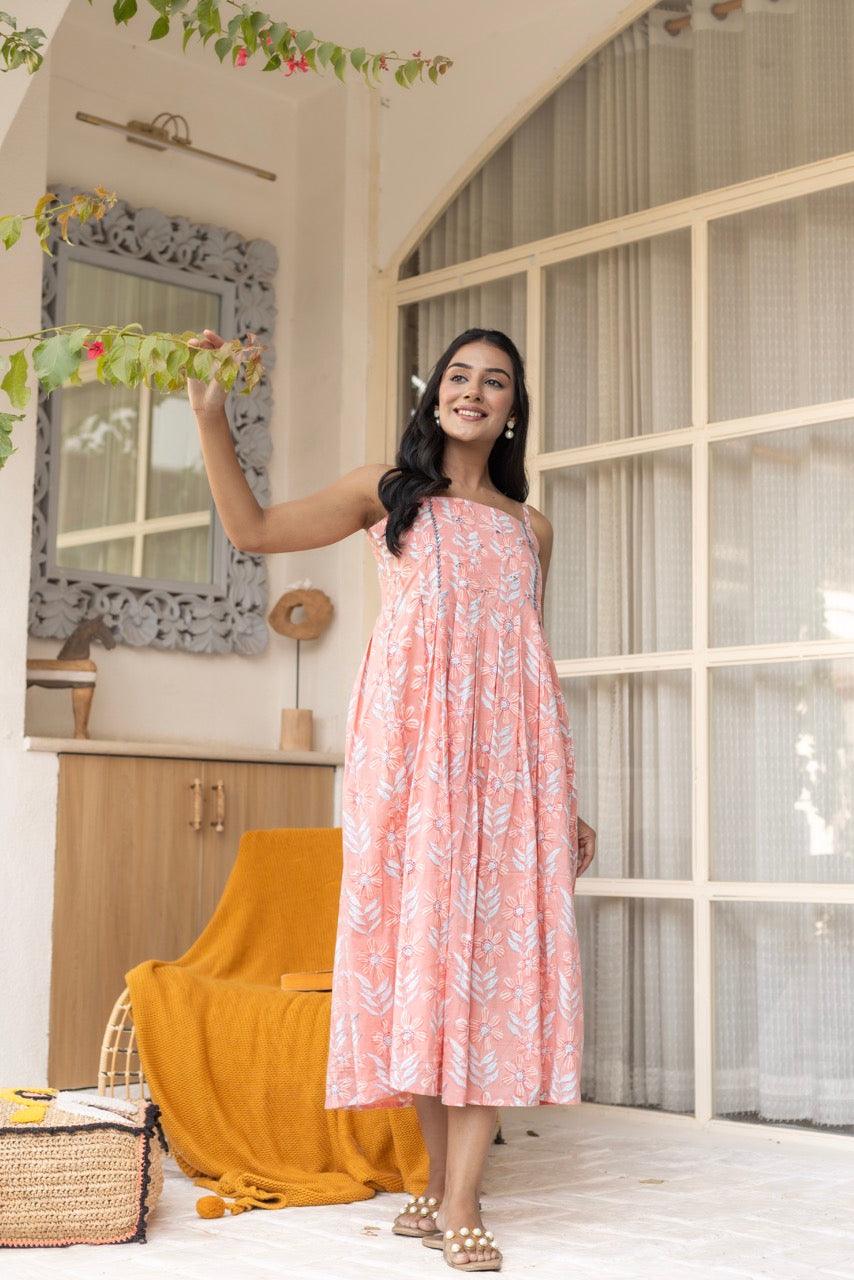Plush Coral Floral Printed Cotton Dress