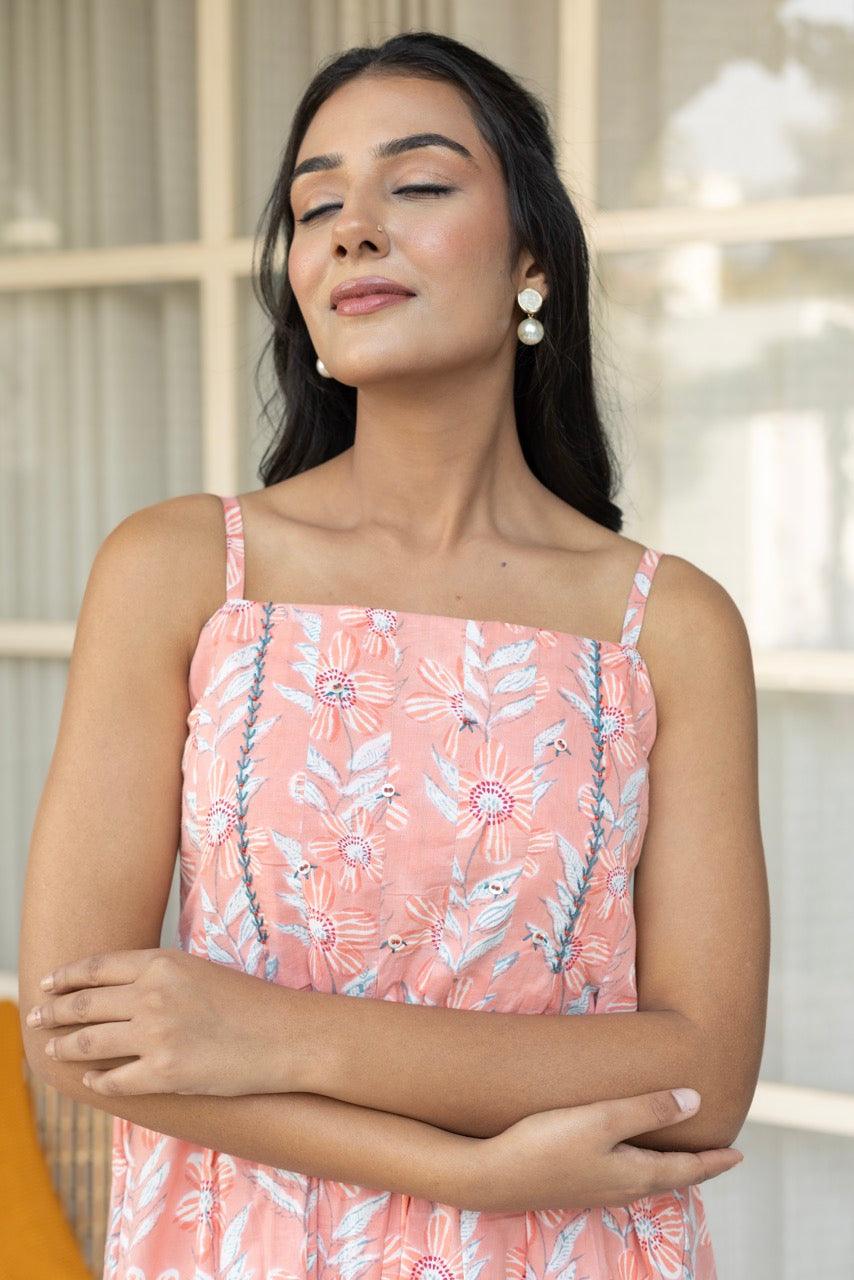 Plush Coral Floral Printed Cotton Dress