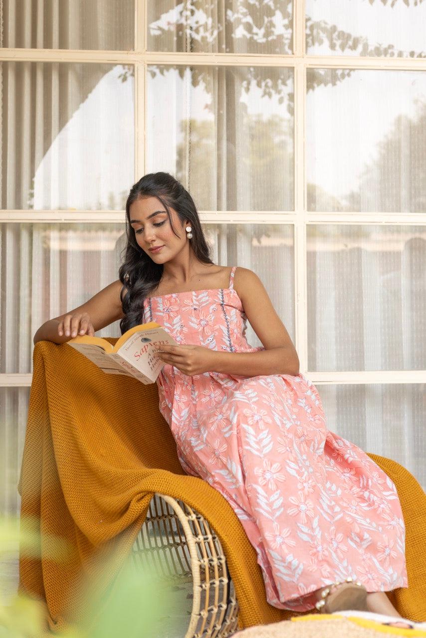Plush Coral Floral Printed Cotton Dress
