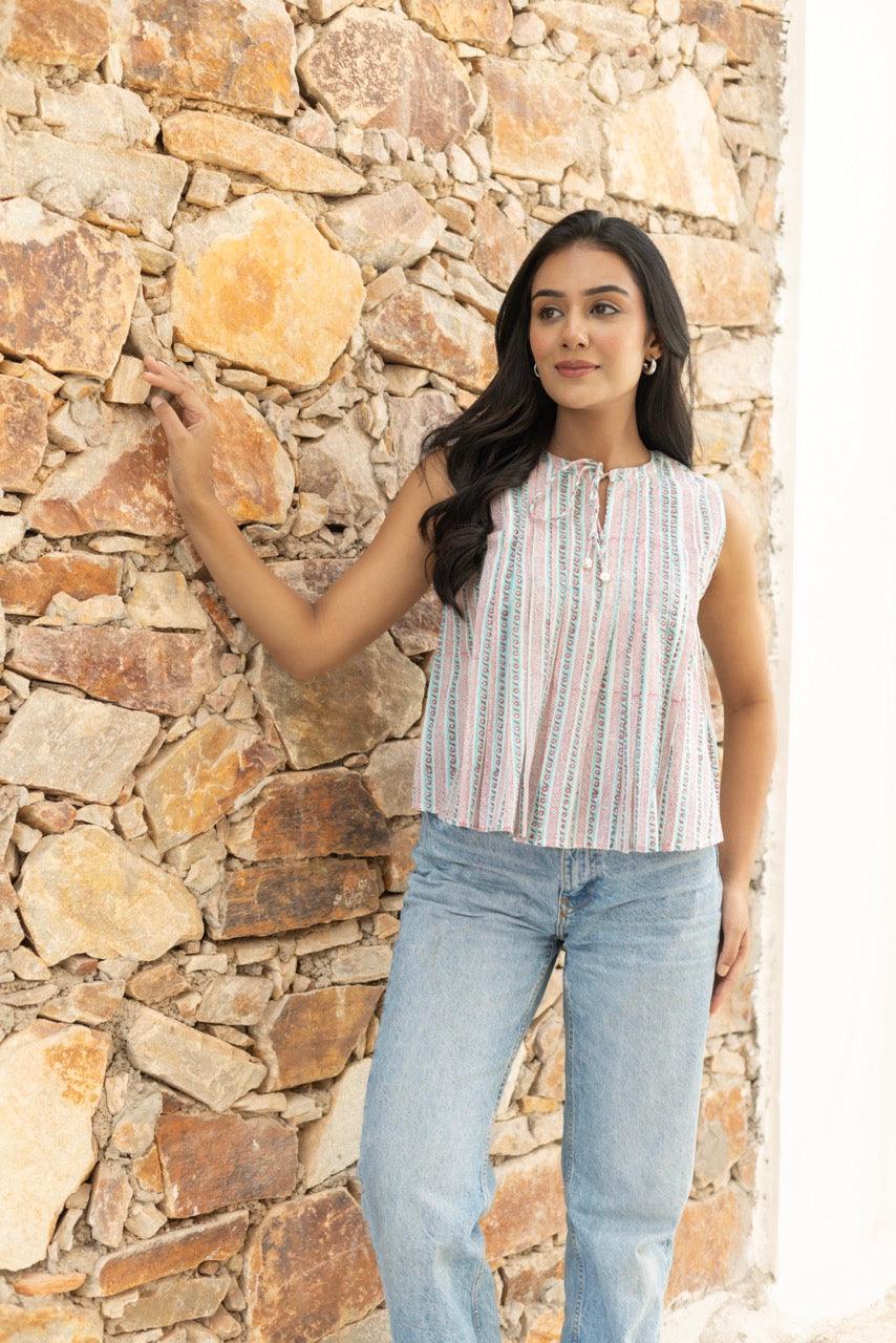 Tan Linear Cotton Top