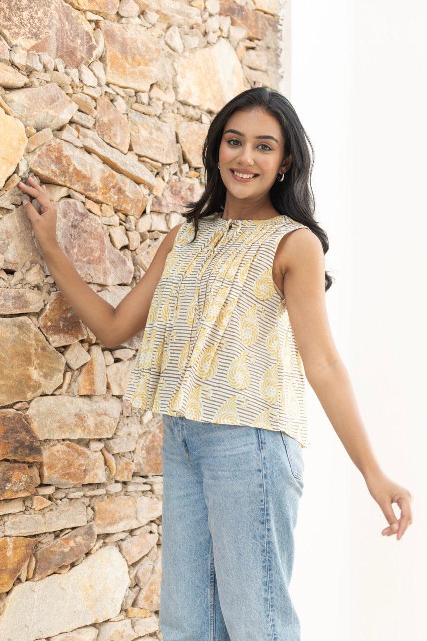 Tan Lemonade Printed Cotton Top