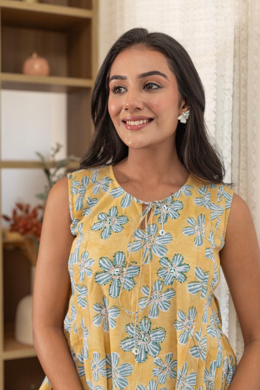 Bumblebee Floral Printed Cotton Dress