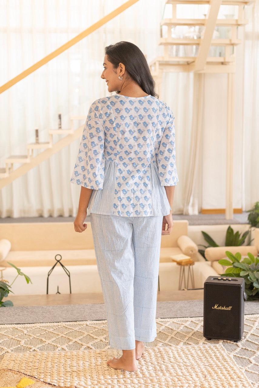 Blue Birdy Cotton Printed Lounge Set