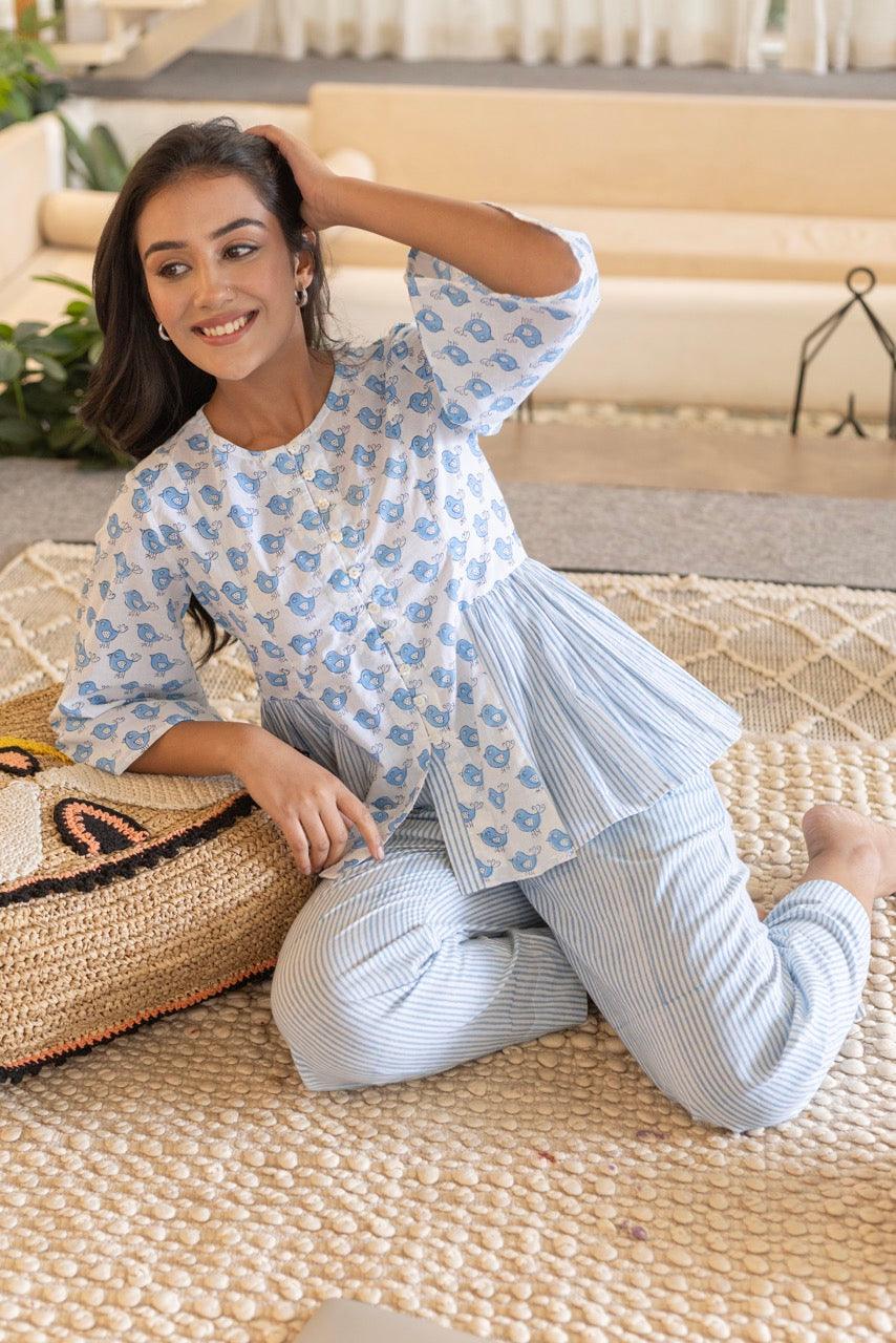 Blue Birdy Cotton Printed Lounge Set