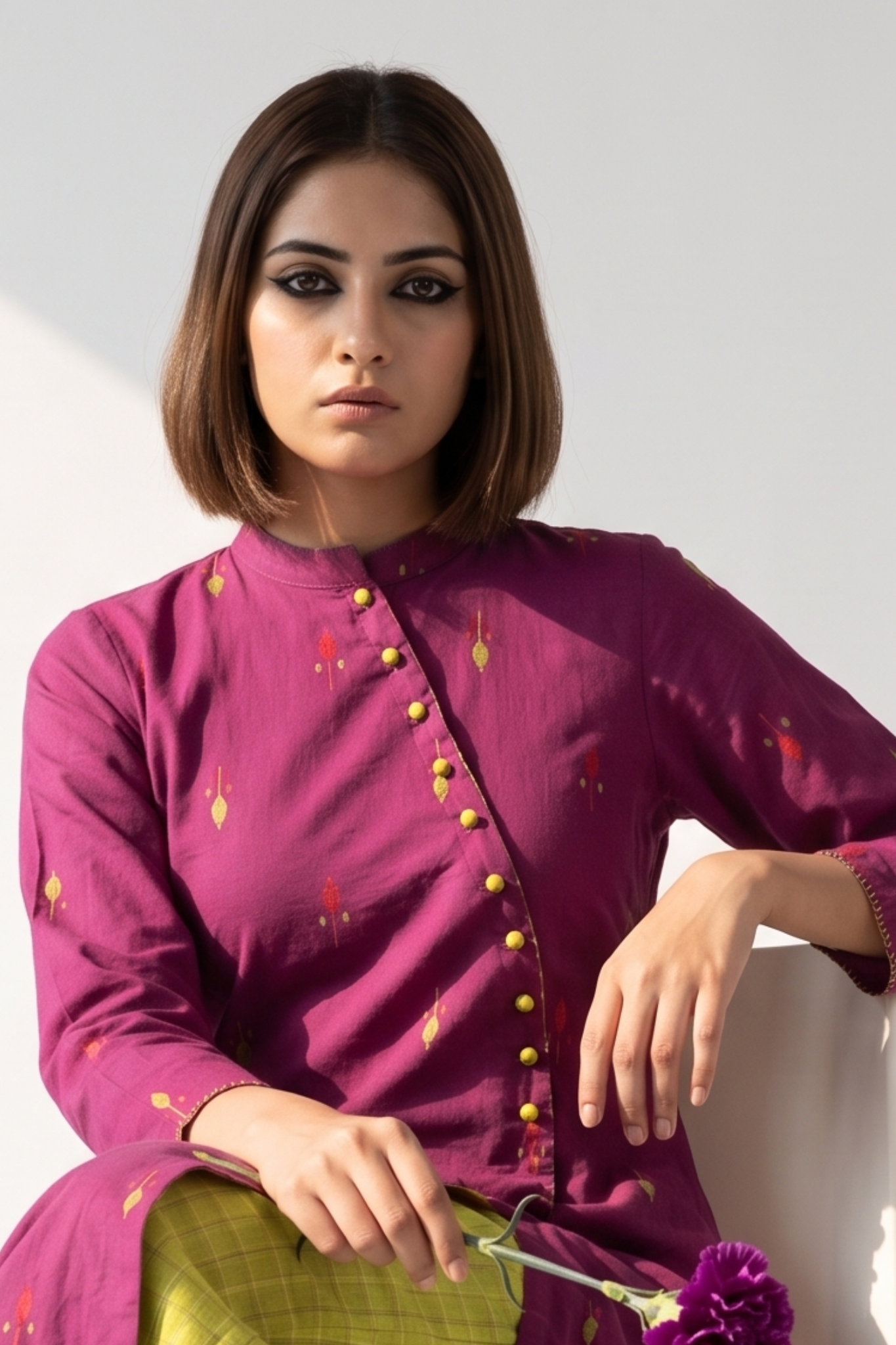 Magenta Petal Dots Cross Potli Angrakha Kurta Mc