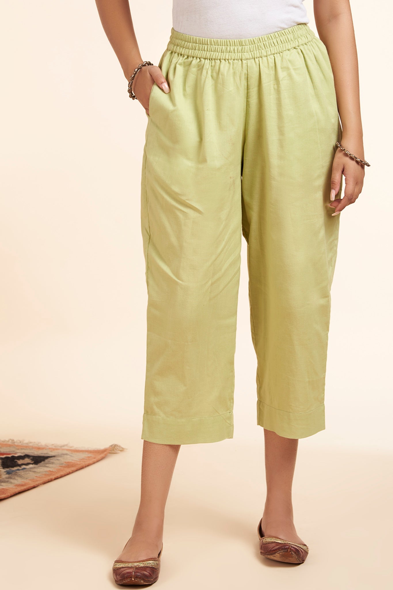 Maati Craft comfort fit ankle length narrow cotton pants - light green
