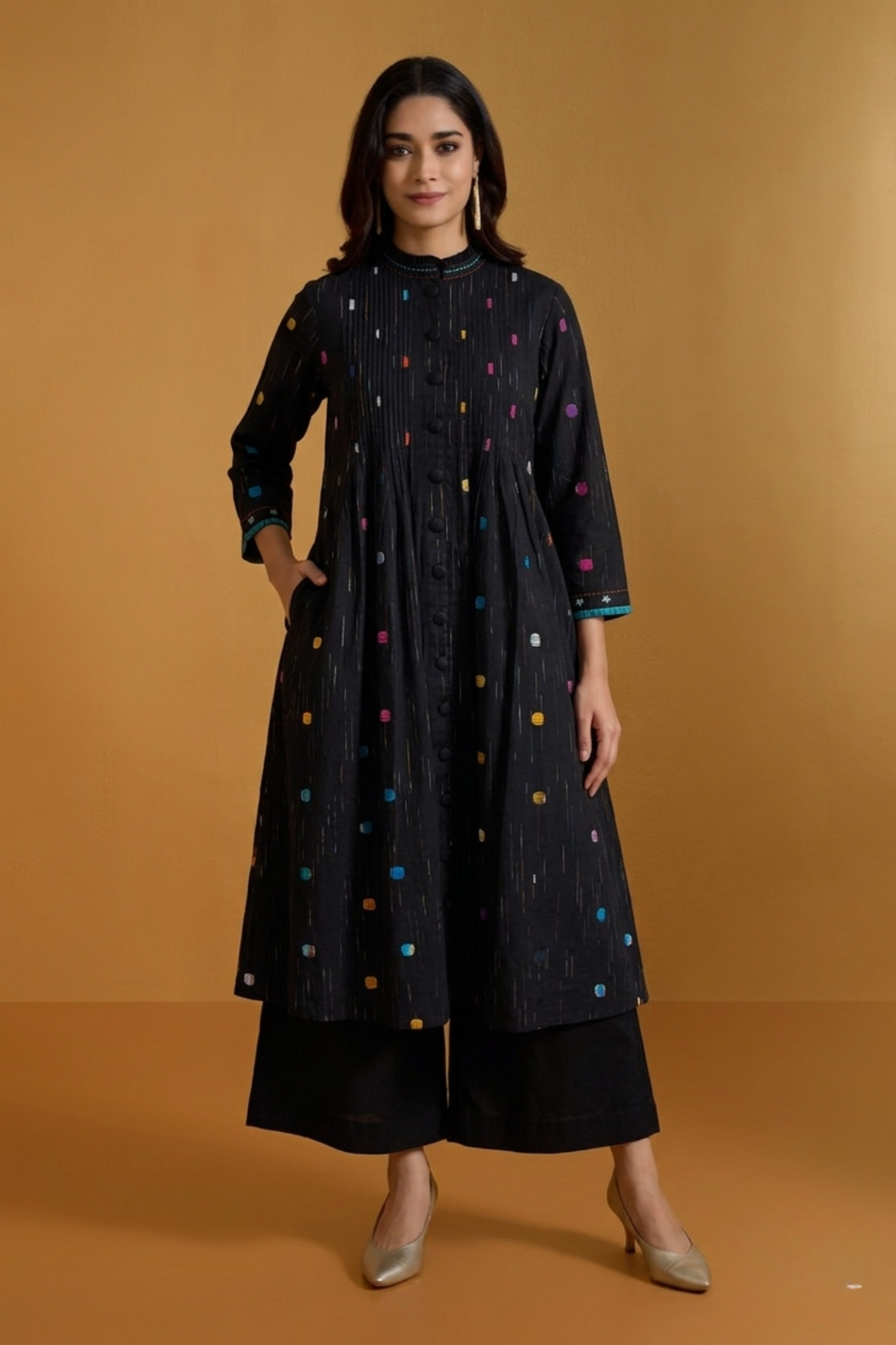 Midnight Pepper Confetti Pleated Pintuck Button Down Dress Mc